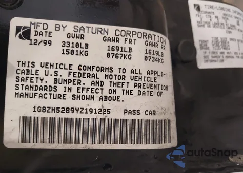 2000 Saturn Sl1 from USA, damaged, VIN 1G8ZH5289YZ191225